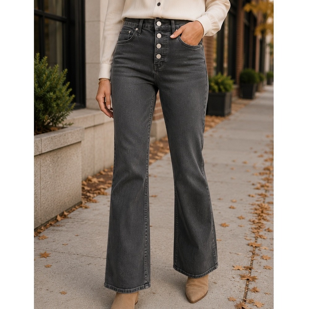 Madewell Cali Demi-Boot Jeans Womens 24P Faded Black High Rise Button Fly Flare